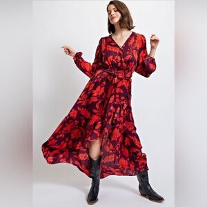 Easel Satin Tie Belt Floral Maxi Dress in Red/Plum Multi